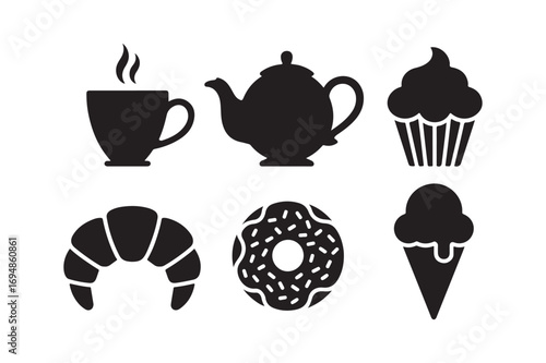 Black silhouette icons of coffee tea pastries and sweets