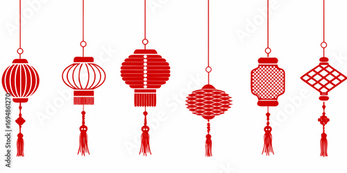 Collection of traditional red chinese lanterns hanging against a white background