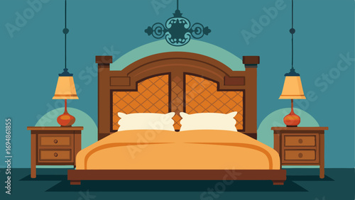 An ornate wooden headboard with modern nightstands and industrialstyle pendant lights in a bedroom.