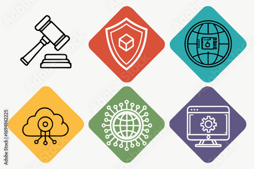 Vector art of colorful icons representing various aspects of digital governance concept
