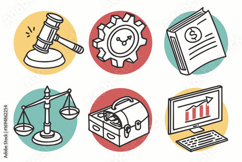 Vector art of hand drawn icons representing various aspects of business governance