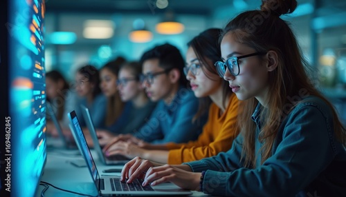 Young students concentrate coding laptops. Digital interface graphics display data on screen. Teamwork, collaboration in futuristic classroom developing software, learning computer science. Youthful