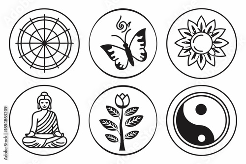 Vector art of collection of six spiritual and religious icons