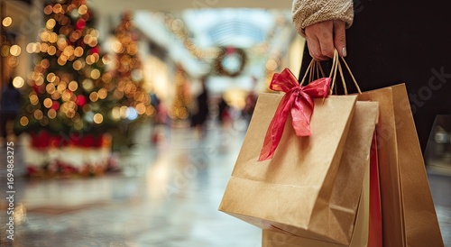 Woman holding Christmas shopping bags in a mall
