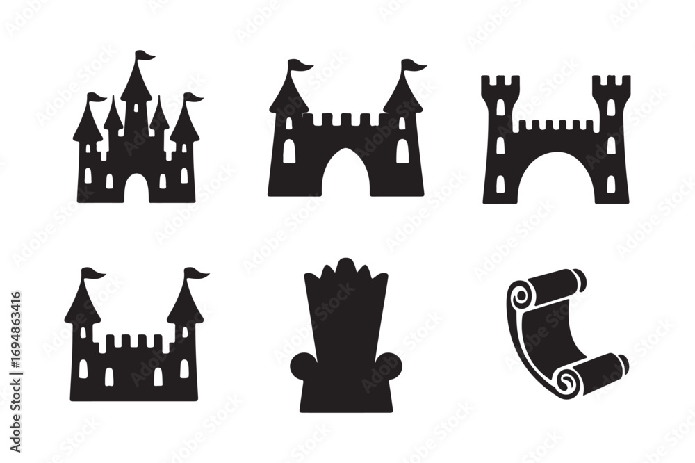 Naklejka premium Collection of medieval castle and royal symbols silhouettes