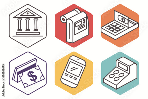 Vector art of collection of banking and finance icons in hexagon shapes