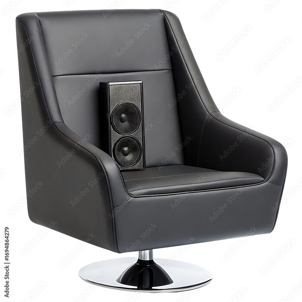 Fototapeta premium Stylish Black Leather Swivel Chair with Modern Bluetooth Speaker for Enhanced Audio Experience in Home or Office Setting