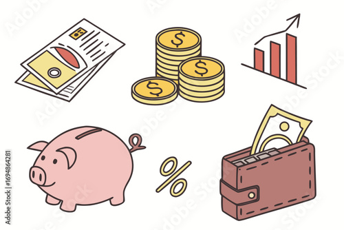 Vector art of finance icons with piggy bank, money, chart