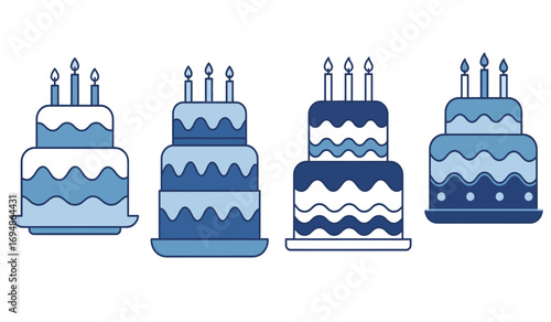 Four blue layered birthday cakes with candles a festive celebration dessert collection for special occasions and parties white background