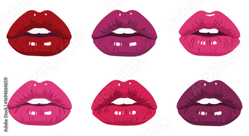 Set of glossy 3D lips with lipstick, vector illustration of realistic mouth expressions isolated on white or transparent background.