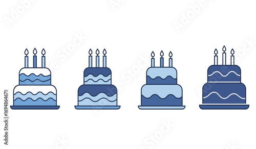 Four blue layer cakes with candles celebrate desserts festive occasion treats sweet bakery delights birthday party confections white background