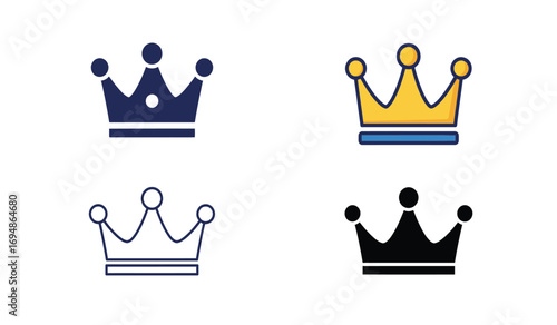 Four stylized crown icons symbolizing royalty power authority prestige and leadership for digital and print media applications white background