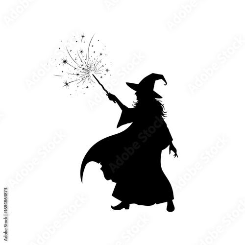Silhouette of a witch casting a spell with a wand