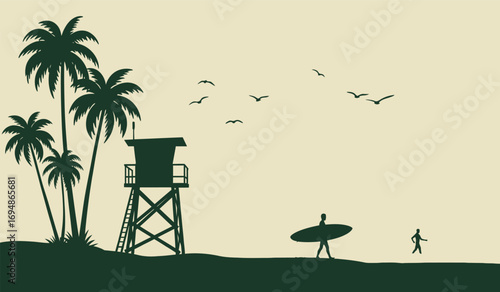 Serene tropical beach scene with palm trees lifeguard tower and surfer at sunset evening sky white background