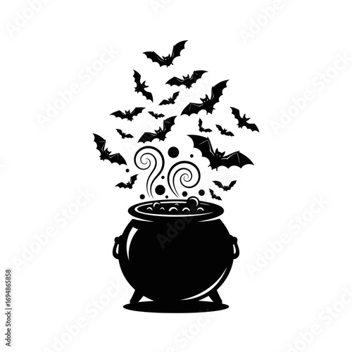 Halloween witch cauldron bubbling with bats flying out