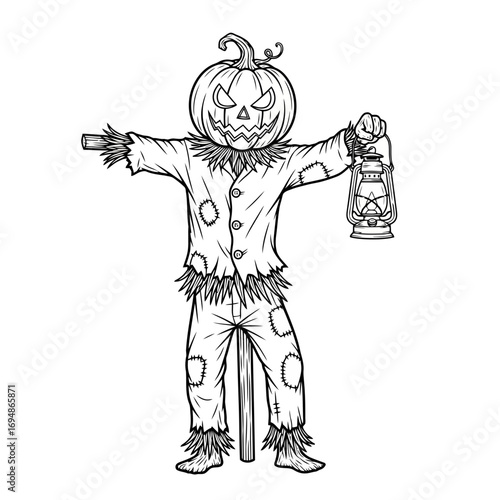 Scary jack o lantern scarecrow holding a lantern