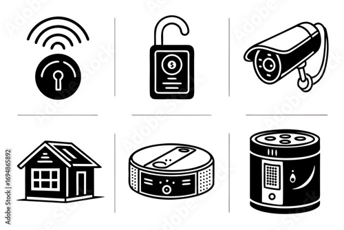 Vector art of smart home vector icon set, security camera and automation