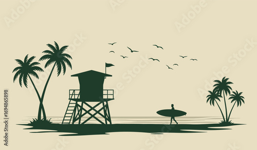 Tropical beach scene silhouette with palm trees lifeguard tower and surfer ready for a day of sun and surf white background