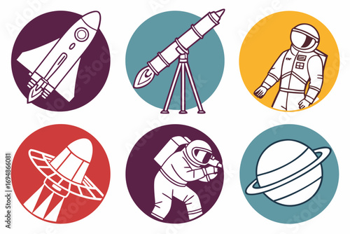 Vector art of space exploration vector illustration set on colorful circle background
