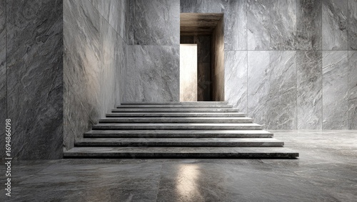 Interior stairwell in a minimalist gray marble space