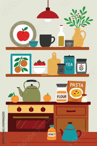 Cooking Kitchen Vector Cute Flat Scene Home House Illustration Kitchenware Utensils Decor Interior Room Cheerful Chef Cook Pan Dinner Lunch Breakfast Family Happy Joy Print Design