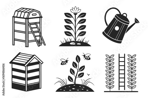 Vector art of set of six vector icons of beekeeping and gardening