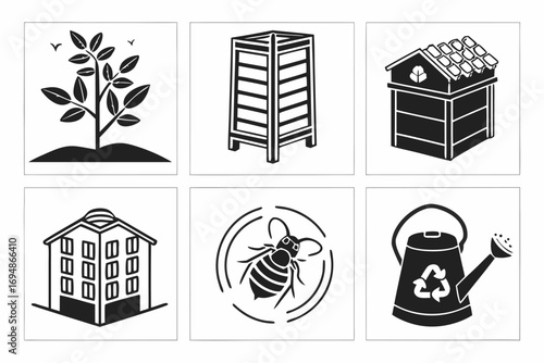 Vector art of set of six vector icons of gardening and beekeeping