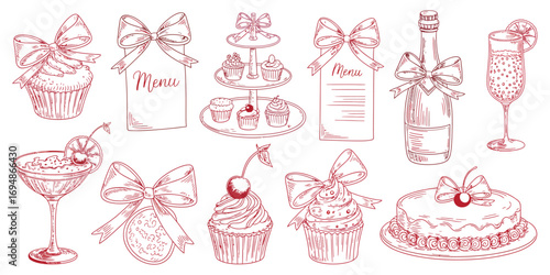 Hand-Drawn Chalk Food Illustrations – Italian Style Wedding Dinner, Champagne Tower, Cocktails, Cakes, and Bows in Ink Doodle Sketch for Invitations and Menus