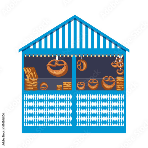 Colorful Bavarian festival stand featuring fresh baked pretzels and bread snacks with striped roof and decorative design Ideal for food ads packaging and event promos