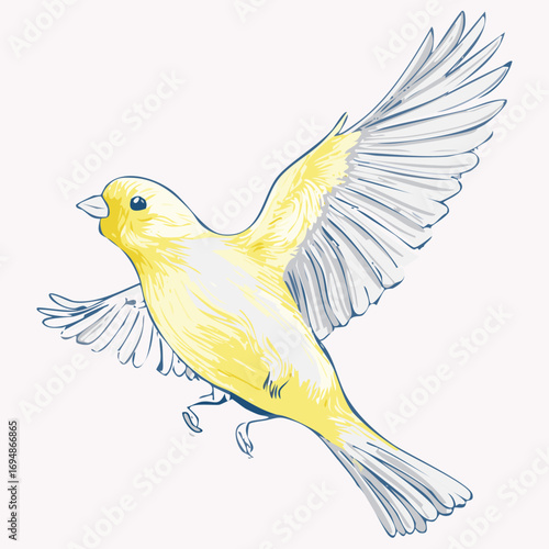  black line drawing of canary bird in flight with lines to write on, on white background