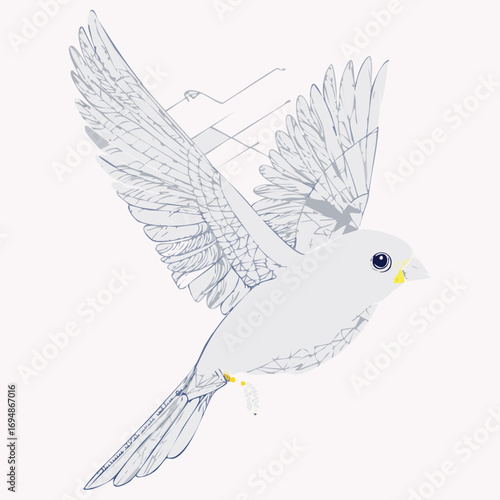  black line drawing of canary bird in flight with lines to write on, on white background