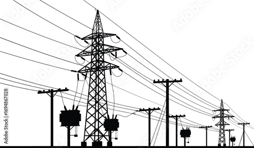 Silhouette of industrial power line transmission towers and poles against a bright sky for energy distribution white background