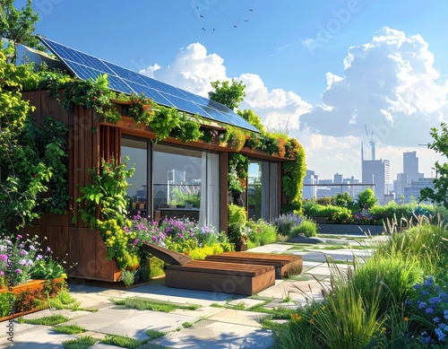 A vibrant urban rooftop garden with a modern, sustainable home features abundant greenery, solar panels, and city views.