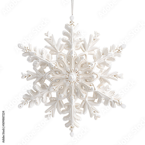 Elegant white snowflake ornament isolated on transparent background.