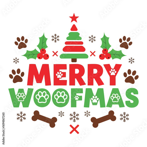 “MERRY WOOFMAS” Christmas Design with Tree, Paw Prints, Bones, and Ornaments – Festive Holiday Graphic for Dog Lovers, Apparel, Cards, and Decorations