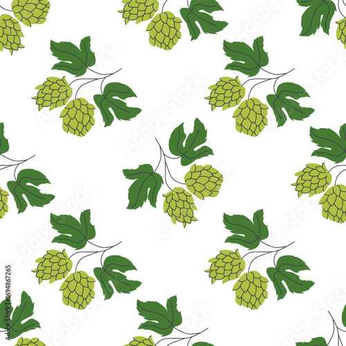 Repeating design with hop cones and leafy stems in green tones on a white background Ideal for craft beer labels packaging Oktoberfest decor and brewing themes