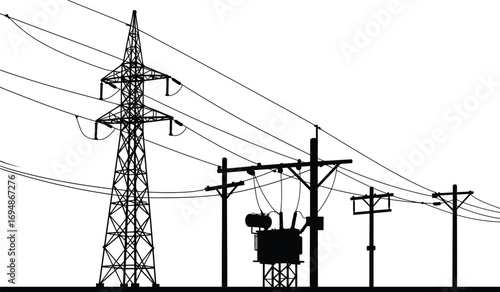 High-voltage electrical power transmission towers and distribution lines with transformer silhouetted against a bright sky white background