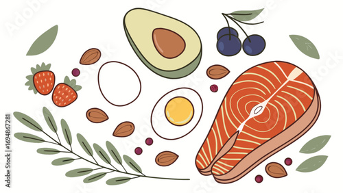 Healthy food illustration with salmon avocado egg almonds and berries for diet and nutrition 100