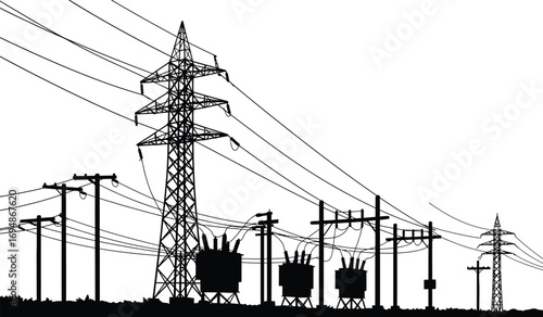 Silhouette of electrical transmission towers and substations with power lines against a bright sky white background