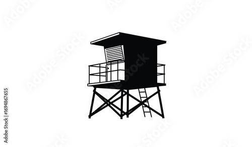 Classic silhouette of a wooden lifeguard tower with detailed support structure and observation deck white background