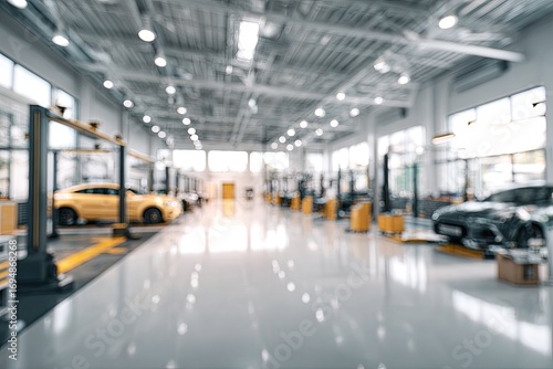 Interior of a blurred car repair shop