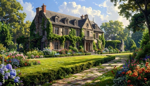 Wallpaper Mural A picturesque stone manor house stands amidst a vibrant garden, bathed in sunlight, with meticulously maintained hedges and flowerbeds lining a stone pathway. Torontodigital.ca