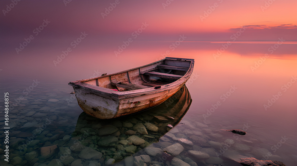 Fototapeta premium Lone old boat on the sea. Boat edge of the world. Rustic wooden boat on the calm lake at sunrise sunset. Boat on the beach landscape 