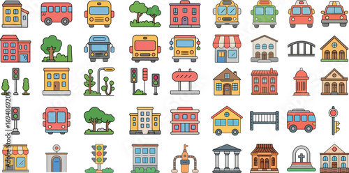 Colorful City Icon Set Featuring Buildings, Vehicles, Trees, Traffic Signs, and Public Infrastructure for Urban Planning, Maps, and Educational Design Projects