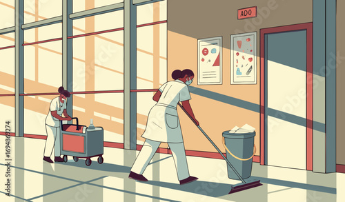 "A bright, clean cartoon illustration of a hospital or office hallway with large windows and sunlight casting long shadows. Two cleaners in uniform are working: one is pushing a janitor cart, the othe