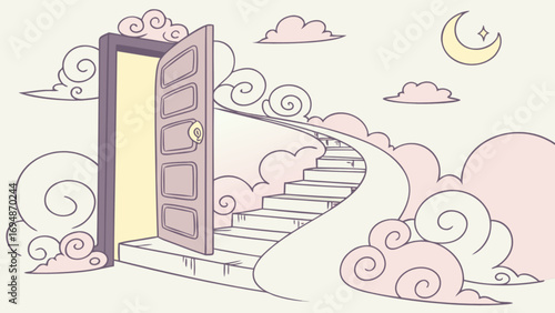 Dreamy escape illustration with open door to stairs in the sky leading to the moon and clouds drawing