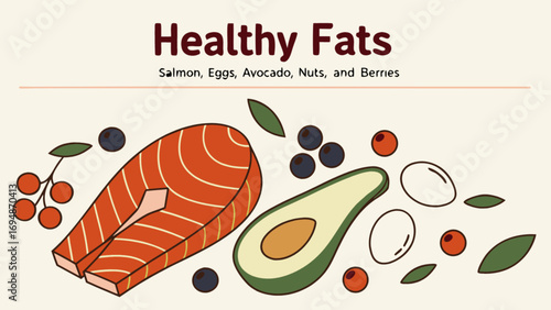 Healthy fats food sources guide: salmon, eggs, avocado, nuts and berries for balanced diet and nutrition
