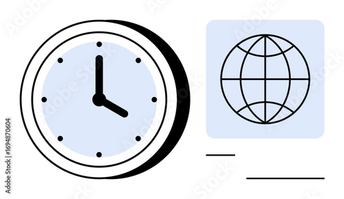 Analog clock with minute and hour hands next to a globe grid icon, emphasizing time management, global collaboration, adaptability, technology, productivity, planning, and communication. Ideal