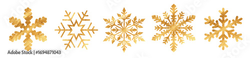 Vector elegant watercolor golden snowflakes set on a white background. For Christmas gold designs, holiday invitations, greeting cards, winter decorations, festive patterns