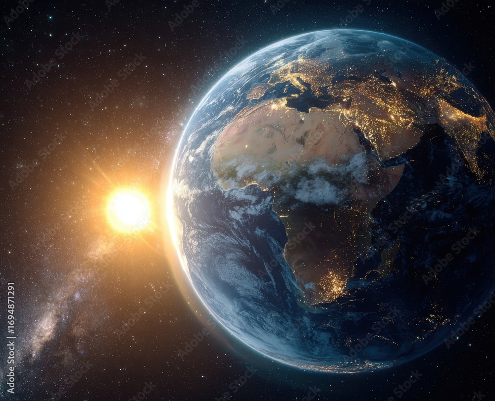 Obraz premium Earth viewed from space with a bright sun